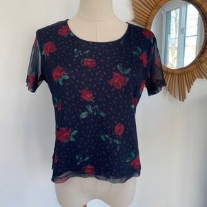 Vintage Y2K Notations Mesh Rose Print Layered Baby Tee Top S Grunge